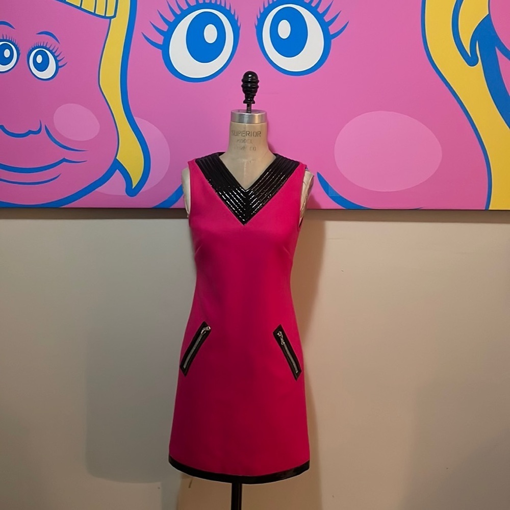 Moschino Couture Pink Wool Dress Black Patent Trim